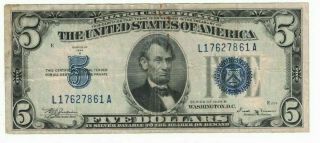 1934 B Us $5 Five Dollar Silver Certificate Blue Seal La Block Note H17627861