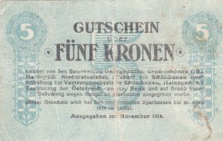 5 Kronen Vg Banknote From Austria 1919