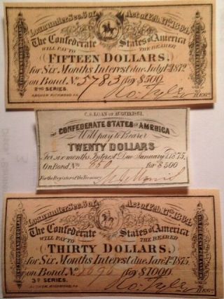 3 Civil War,  Confederate Bond Receipts,  A 1861 - $20 & 1864 $15 & $30