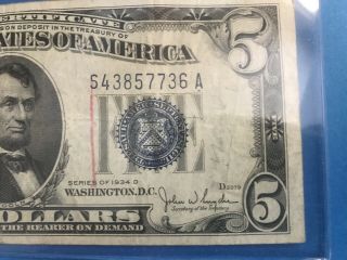 1934 D Blue Seal $5 Five Dollar Silver Certificate 3