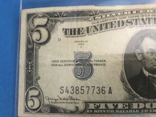 1934 D Blue Seal $5 Five Dollar Silver Certificate 4