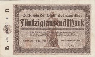 50 000 Mark Very Fine Banknote From Germany/solingen 1923