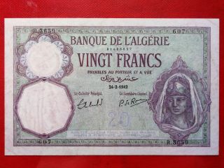 1942 Banque De L’algerie 20 Vingt Francs Old Banknote @ Cir