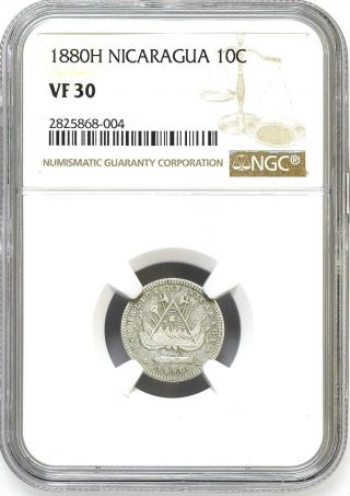 Nicaragua: 10 Centavos 1880 H,  Ngc Vf - 30,  Silver Coin