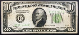 1934 A $10 Dollars " B " York,  Light Green Seal Federal Reserve,  Circulated