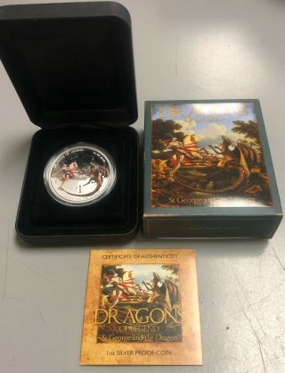 2012 Tuvalu Dragons Of Legend St George And Dragon 1 Oz Silver Coin W/ Box &
