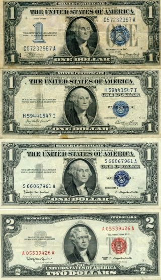 1934 1$ Funnyback,  1935 - B,  1957 - B & 1963 2$ Red Seal Notes.  Starts@ 2.  99