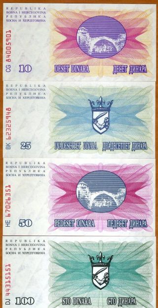 Set,  Bosnia - Herzegovina,  10;25;50;100 Dinara,  1992,  Picks 10;11;12;13 Unc