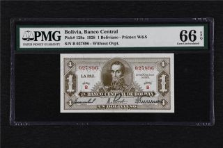 1928 Bolivia Banco Central 1 Boliviano Pick 128a Pmg 66 Epq Gem Unc