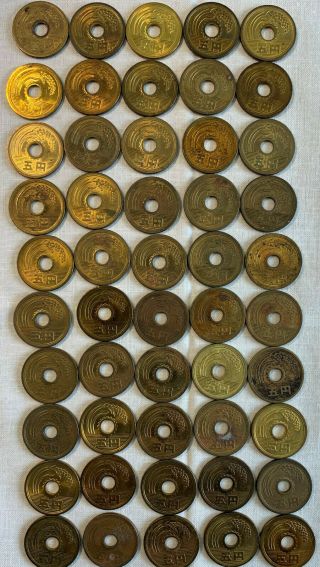 Japan 5 Yen Year 33 – 62 (1958– 1987) Y 72a – Circulated Roll Of 50 Coins
