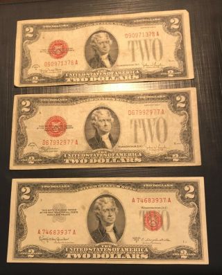 Us Currency $2.  00 Two Dollar Red Seal 1928 & 1953