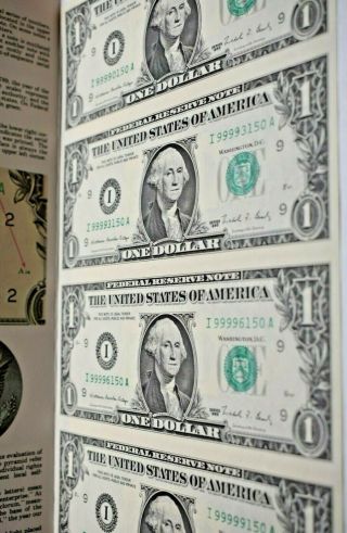 1988 Uncut Sheet Of 4 $1 One Dollar Federal Reserve Note - I District Minneapolis