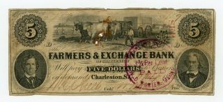 1856 $5 The Farmers & Exchange Bank - South Carolina Note W/ Slaves -