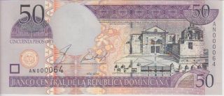 Dominican Republic P170b 50 Pesos Oro 2002 Prefix An,  Very Low Serial Nbr,  Unc