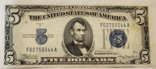 1934 - A $5.  00 Silver Certificate Blue Seal Note Five Dollar Bill -