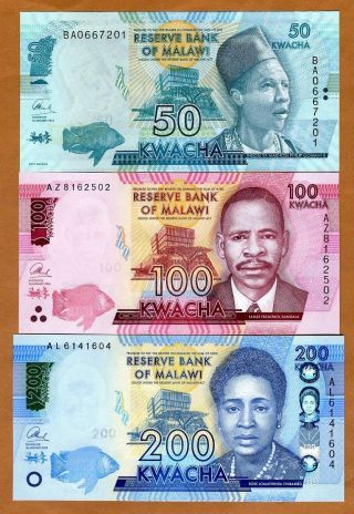 Set,  Malawi,  50;100;200 Kwacha,  2016,  P -,  Unc