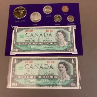 1867 - 1967 Canadian Centennial 6 Wild Life Coins With 2 $1.  00 Bills