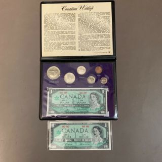 1867 - 1967 Canadian Centennial 6 Wild Life Coins With 2 $1.  00 Bills 3