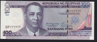 2001 Philippine 100 Pesos Nds Solid Serial Sn Dp 777777 Arroyo/buenaventura Unc