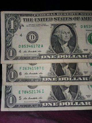 $1 Bill Fancy Serial Number Mixed Ladder Note 2 - 2013 & 1 - 2009 (3 for 1 price) 2