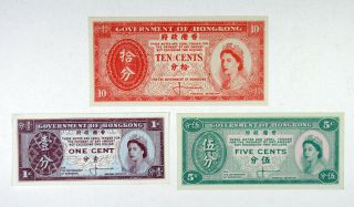 Government Of Hong Kong 1,  5,  10 Cents 1961 - 71 Qeii P - 325 P - 326 P - 327 (3,  Unc)