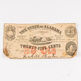 1863 State Of Alabama 25 Cents Confederate Fractional Currency Note