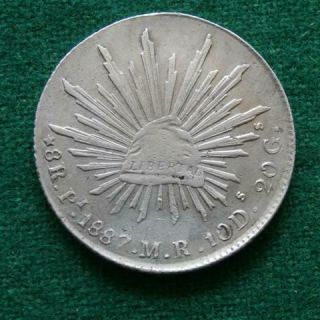 1887 Mexico Silver 8 Reales Mexican Pi Mr San Luis Potosi Coin Caps & Rays
