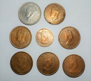 8 Mauritius Coins 1942 - 1962.  One Rupee,  5 Cents,  2 Cents