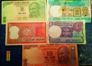 Set Of 5 Indian Bank Notes,  Different Number Notes Given,  Random Pick