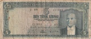 Turkey 5 Lira Banknote L.  1930 (1965) P.  174a Very Good