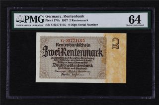 1937 Germany Reichsbanknote 2 Rentenbank Pick 174b Pmg 64 Choice Unc