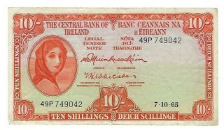 Ireland 10 Shilling Banknote 1965 Vf, .  Ep - 7800