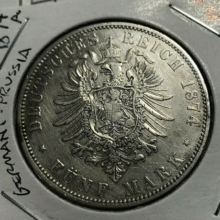1874 - A Germany Prussia Silver 5 Marks Crown Coin
