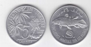 Comoros – 5 Franc Unc Coin 1992 Year Km 15 Fish