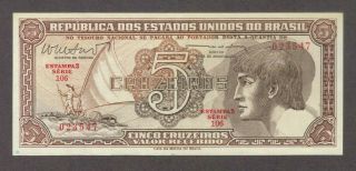1961 5 Cruzeiros Brazil Currency Gem Unc Banknote Note Money Bank Bill Cash Cu