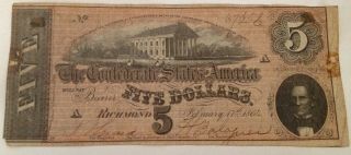 1864 Confederate Civil War Five Dollar $5 Richmond Va Note
