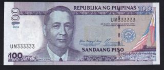 2004 Philippine 100 Pesos Nds Solid Serial Sn Um 333333 Arroyo/buenaventura Unc