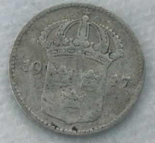 1917 Sweden 10 Ore Silver World Coin -