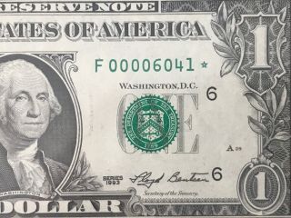 1993 Star Note $1 Dollar Bill (atlanta) Low Number,  Fancy Serial,  Uncirculated