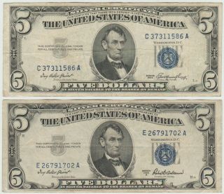 1953 And 1953 - A $5.  00 Silver Certificates,  Average Circulated