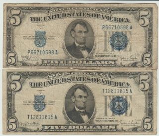 1934 - C And 1934 - D $5.  00 Silver Certificates,  Average Circulated