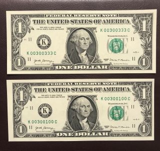 2 2017 $1 Dollar Bills Frn Binary & Trinary 6 Of A Kind