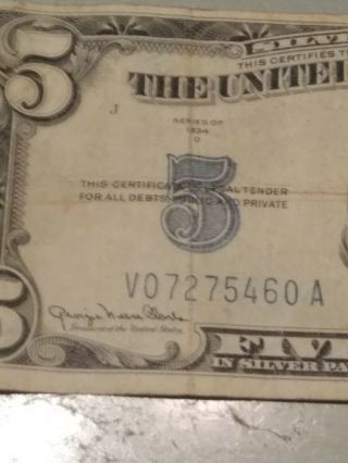 FRN 1934 Series $5 Five Dollar Bill Silver Certificate,  bill 4