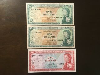 East Caribbean States (3 Notes) 1 And 5 Dollars 1965 " A " In Circle