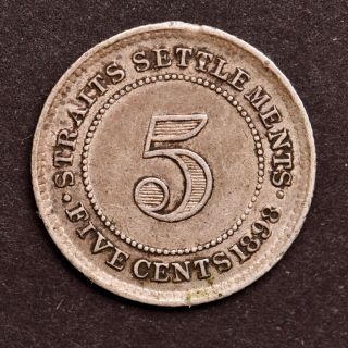 Error: 1898 Straits Settlements Malaya Singapore Queen Victoria 5 Cents Silver 2