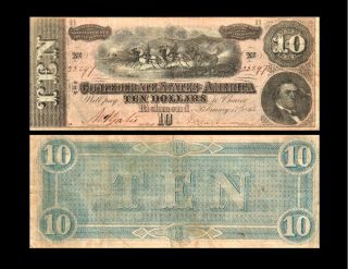 1864 $10.  00 Csa U.  S.  Civil War Currency Famous Horses Pulling Cannon T - 68 Circ