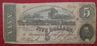 Confederate States Of America $5 Dollar Richmond Virginia February 17,  1864