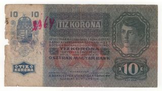 Yugoslavia 10 Kronen Dated 1915 (1919) Stamp On Old Austria Note,  P6b Vg Scarce