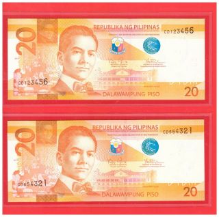 2010 Philippines 20 Peso Ngc Aquino & Tetangco Ladder Wa 123456 & Wa 654321 Unc