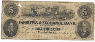 Prewar Farmers Bank Of South Carolina $5.  00 Note July 21 1856 Plt A Sn960 Good